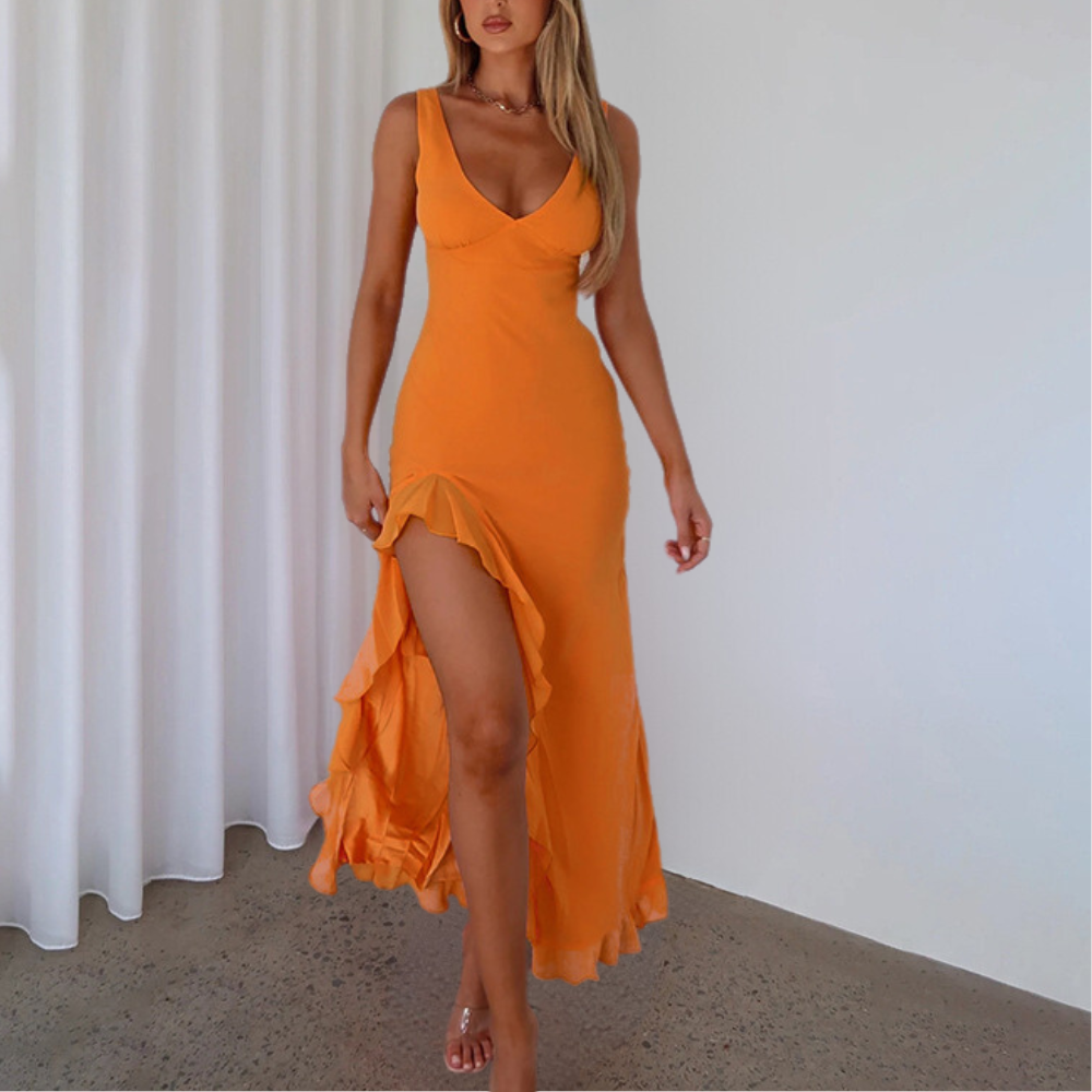 BelleFemme Elegant Sleeveless V-Neck Dress with High-Low Hem