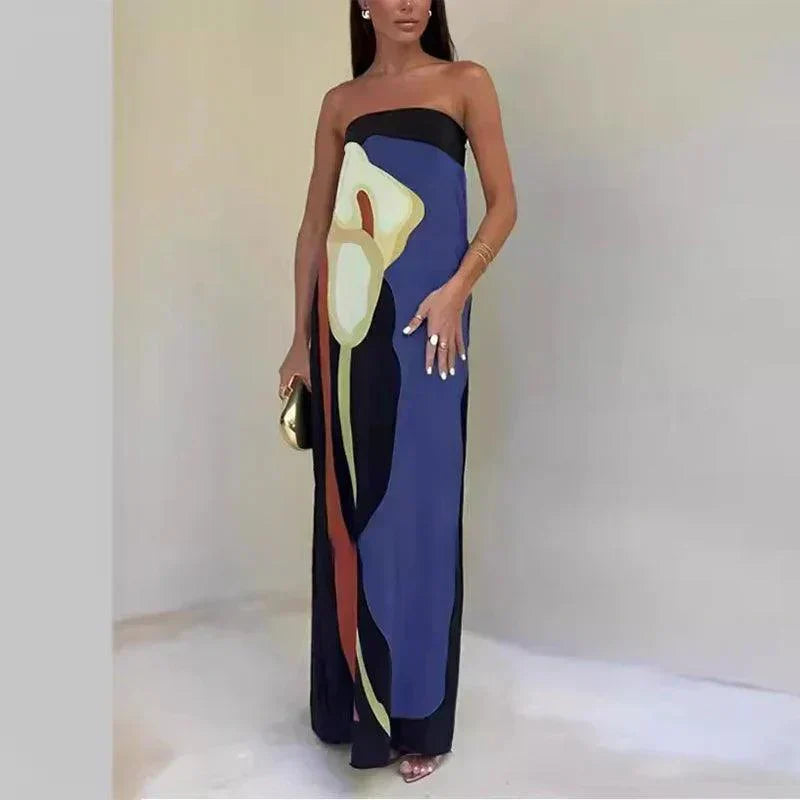 EcoChic Avocado Print Strapless Maxi Dress – Perfect Off-Shoulder Summer Attire for Women