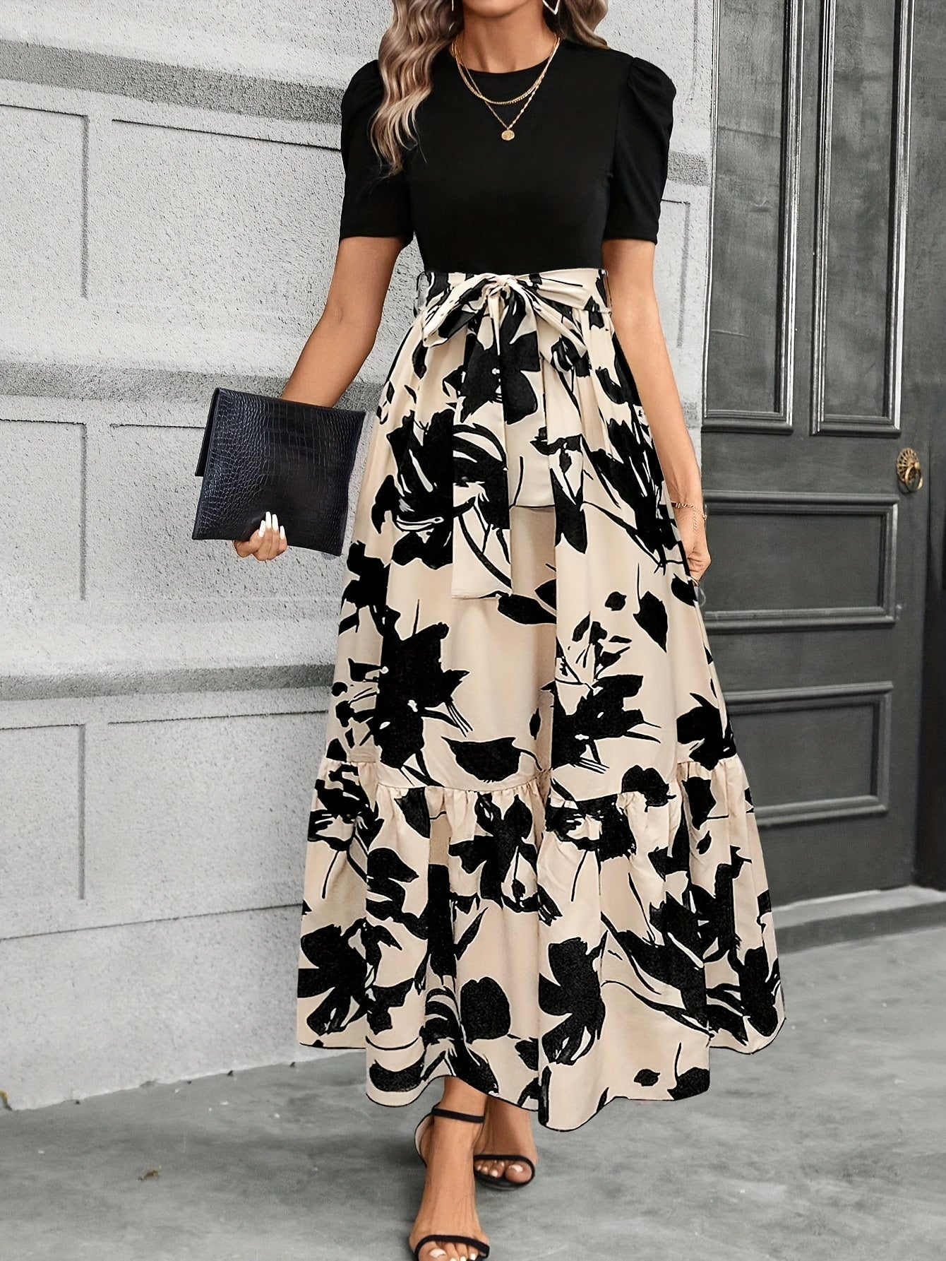 AuraDrapes Women's Flowing Floral Maxi Dress with Tie-Waist