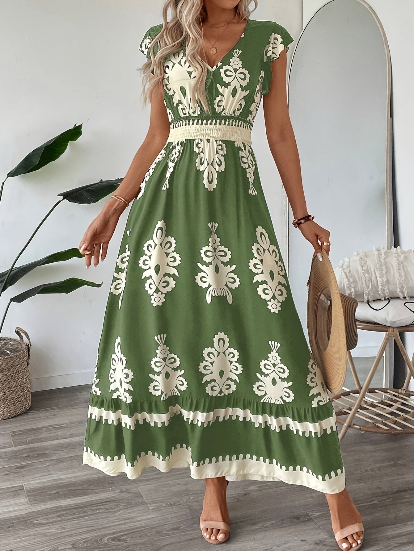 AriaChic Ethnic Print V-Neck Maxi Dress with Cap Sleeves for Women