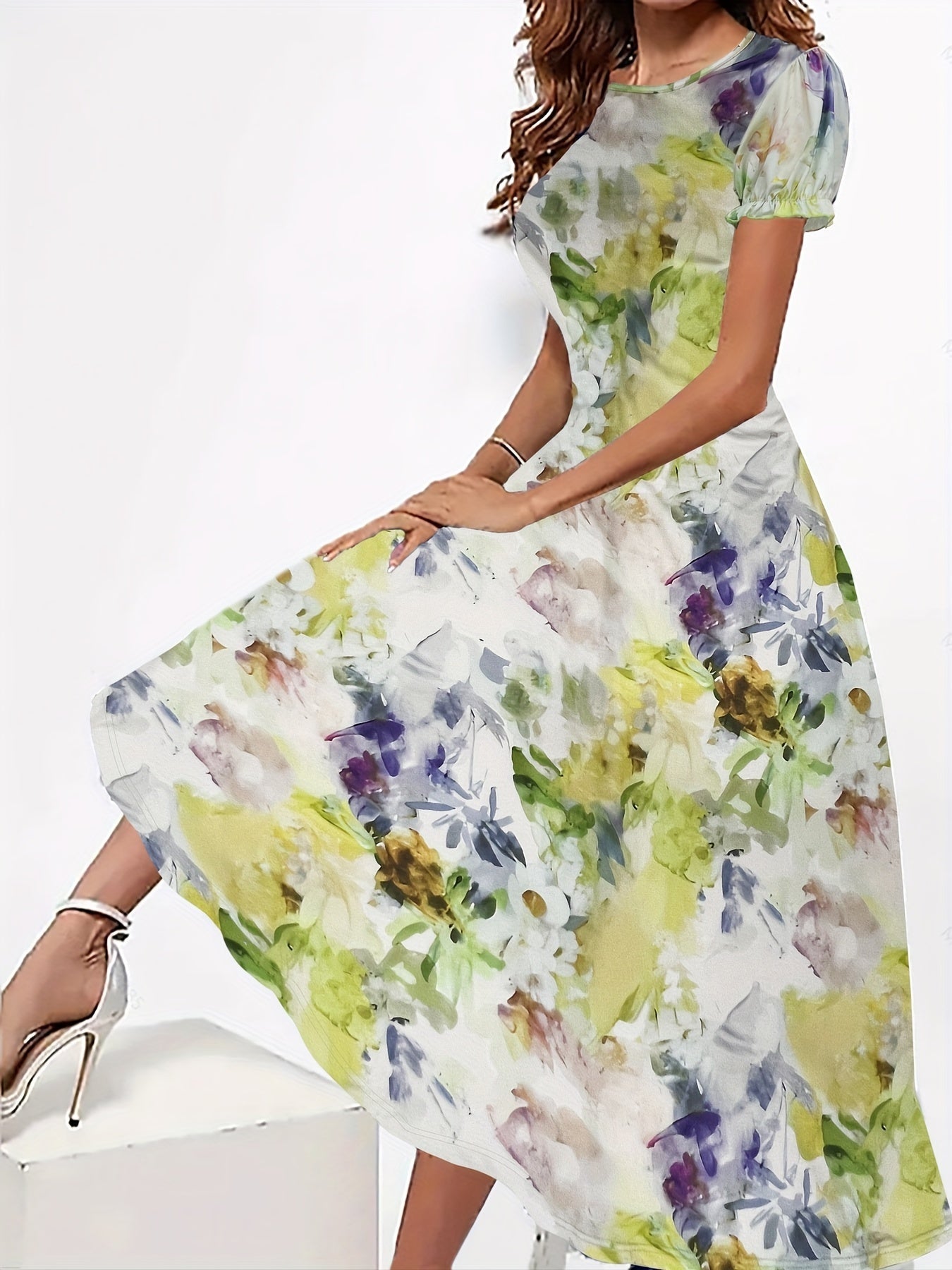 ElaraGrace Women's Maxi Dress with Floral Design and Short Sleeves