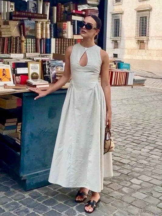 ClaraGrace Cotton-Linen Maxi Dress with Elegant Cut-Out Detailing