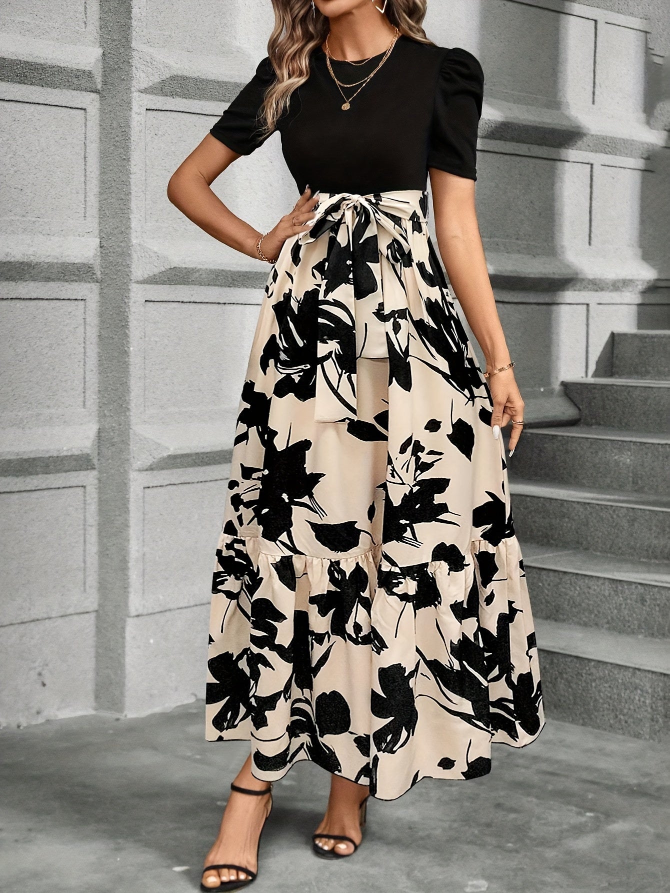 AuraDrapes Women's Flowing Floral Maxi Dress with Tie-Waist