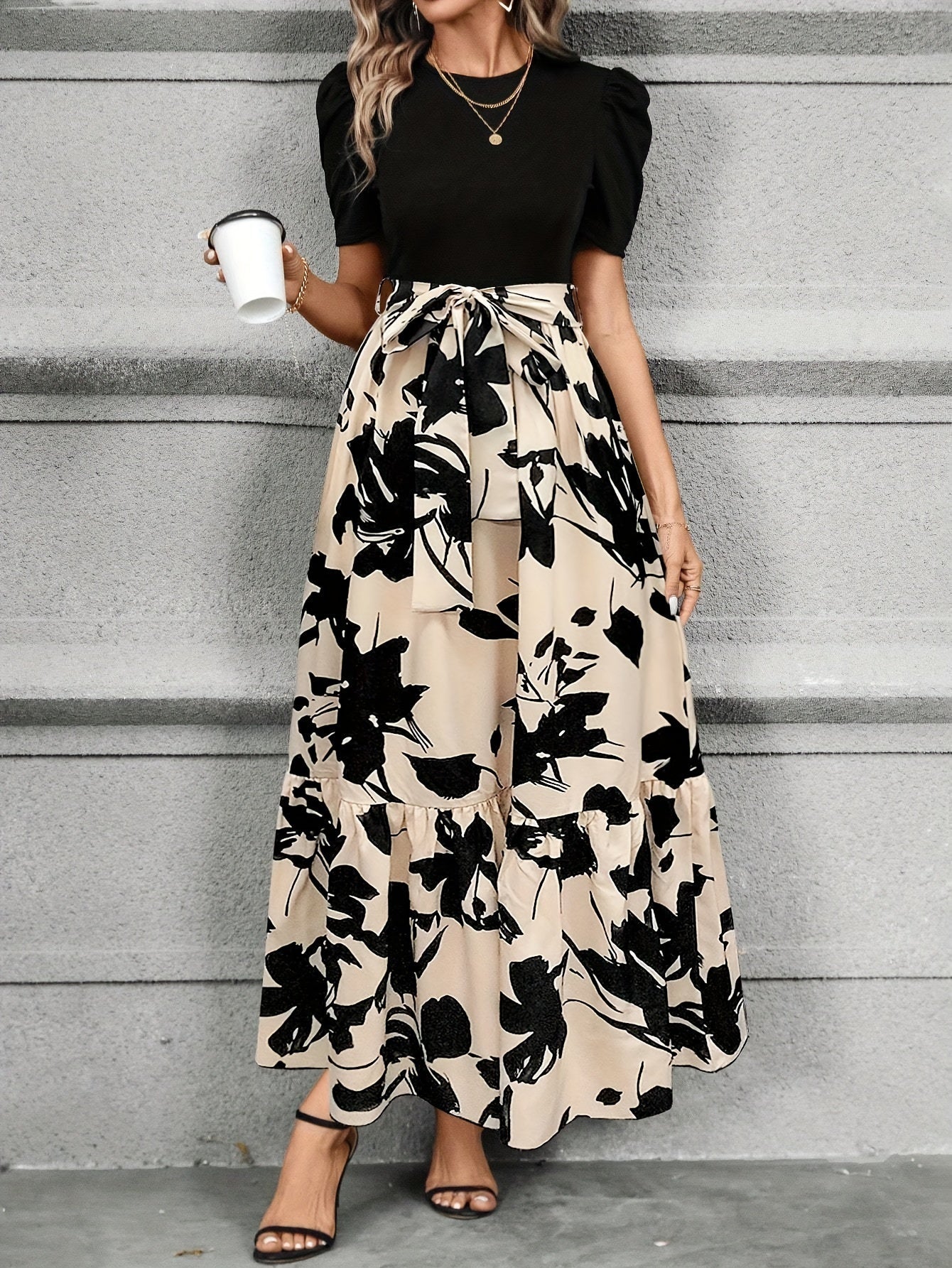 AuraDrapes Women's Flowing Floral Maxi Dress with Tie-Waist