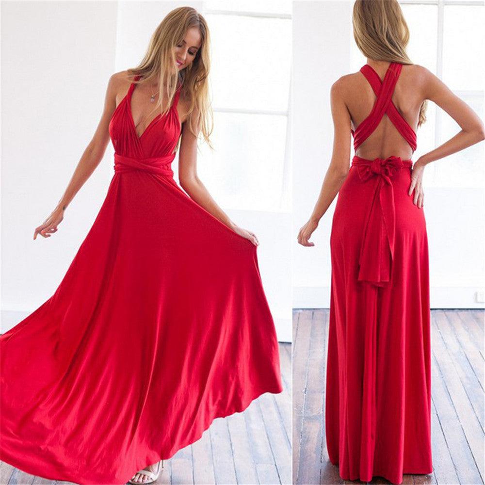 BellaGrace Stylish Women's Convertible Maxi Dress with Bow and Halter Features