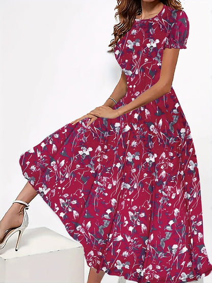 ElaraGrace Women's Maxi Dress with Floral Design and Short Sleeves