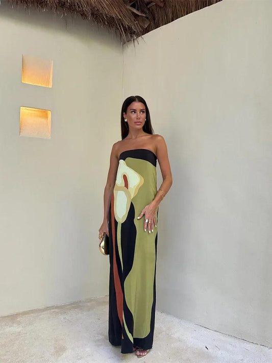 EcoChic Avocado Print Strapless Maxi Dress – Perfect Off-Shoulder Summer Attire for Women