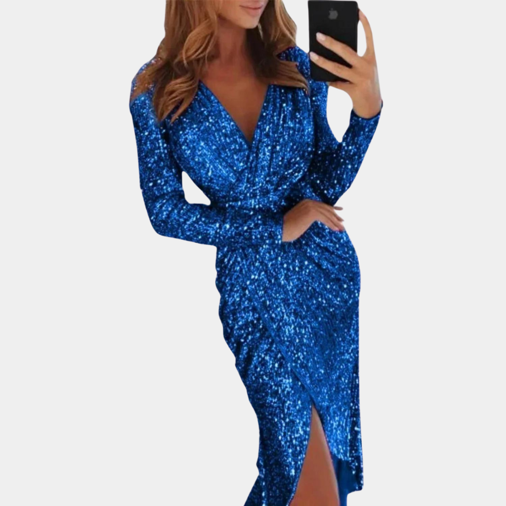 Kensington Charm Silver Sequin Gown with Draping and High Slit for Evening Events