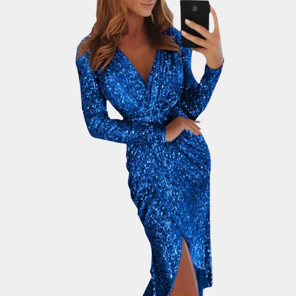 Kensington Charm Silver Sequin Gown with Draping and High Slit for Evening Events