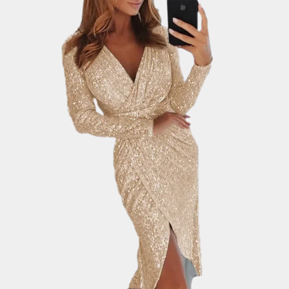 Kensington Charm Silver Sequin Gown with Draping and High Slit for Evening Events