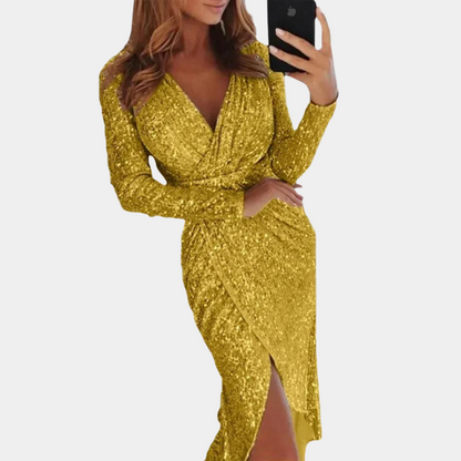Kensington Charm Silver Sequin Gown with Draping and High Slit for Evening Events