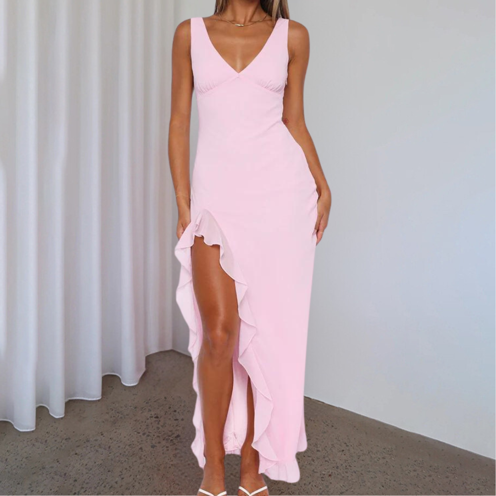 BelleFemme Elegant Sleeveless V-Neck Dress with High-Low Hem