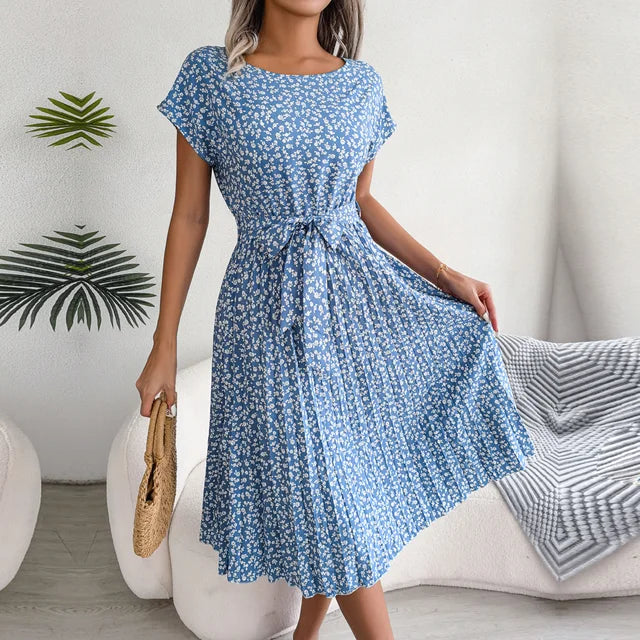 Elise Elegance Floral Maxi Dress with High Waist & Pleats