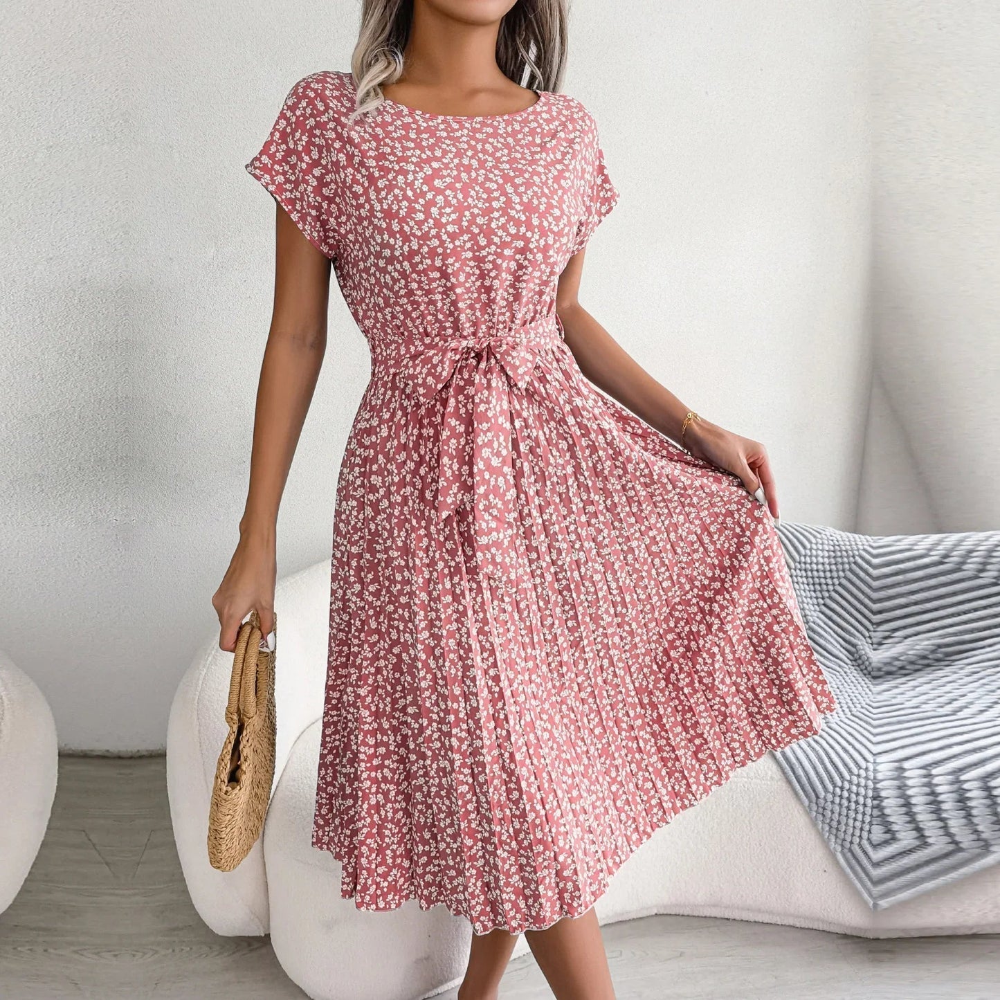 Elise Elegance Floral Maxi Dress with High Waist & Pleats