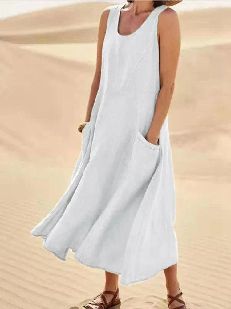 BellaChic Women's Linen Maxi Dress with Handy Pockets