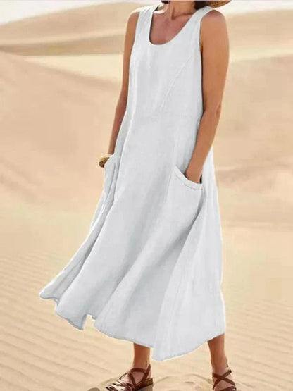 BellaChic Women's Linen Maxi Dress with Handy Pockets
