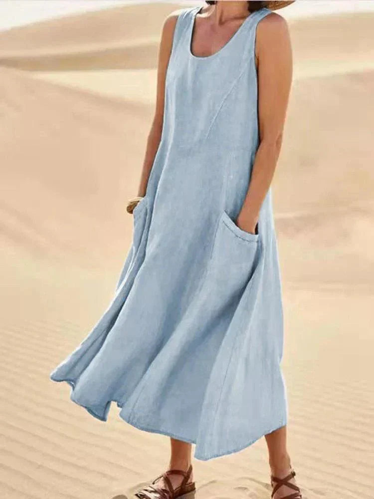 BellaChic Women's Linen Maxi Dress with Handy Pockets