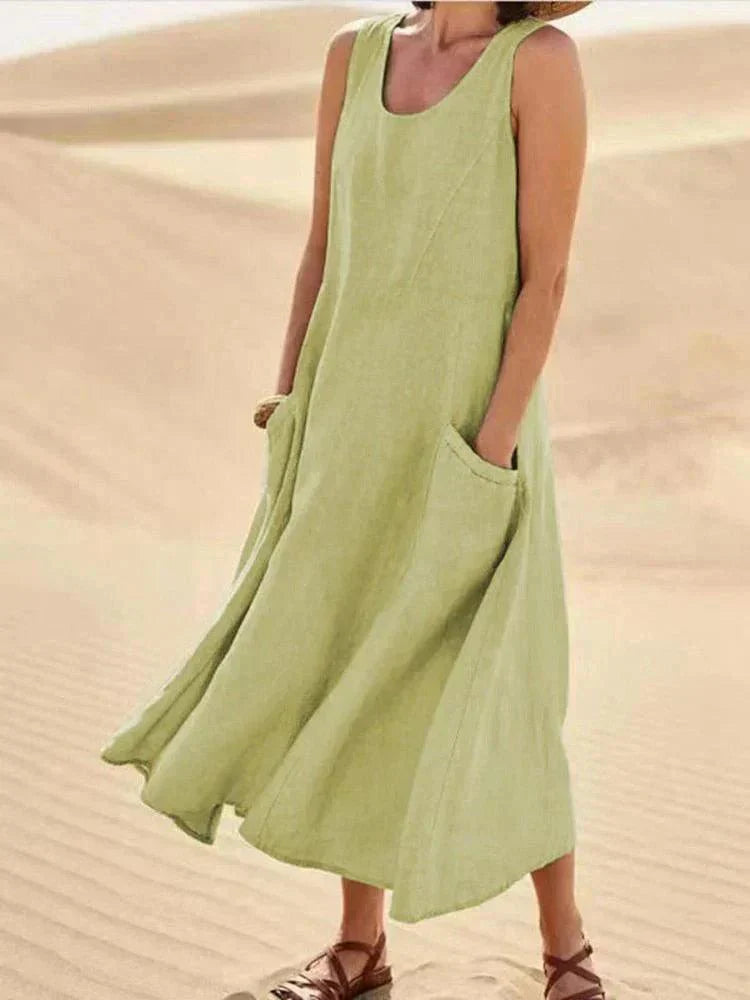 BellaChic Women's Linen Maxi Dress with Handy Pockets
