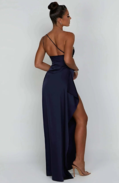 Celia Elegance Women's Satin Maxi Dress with Chic Side Slit