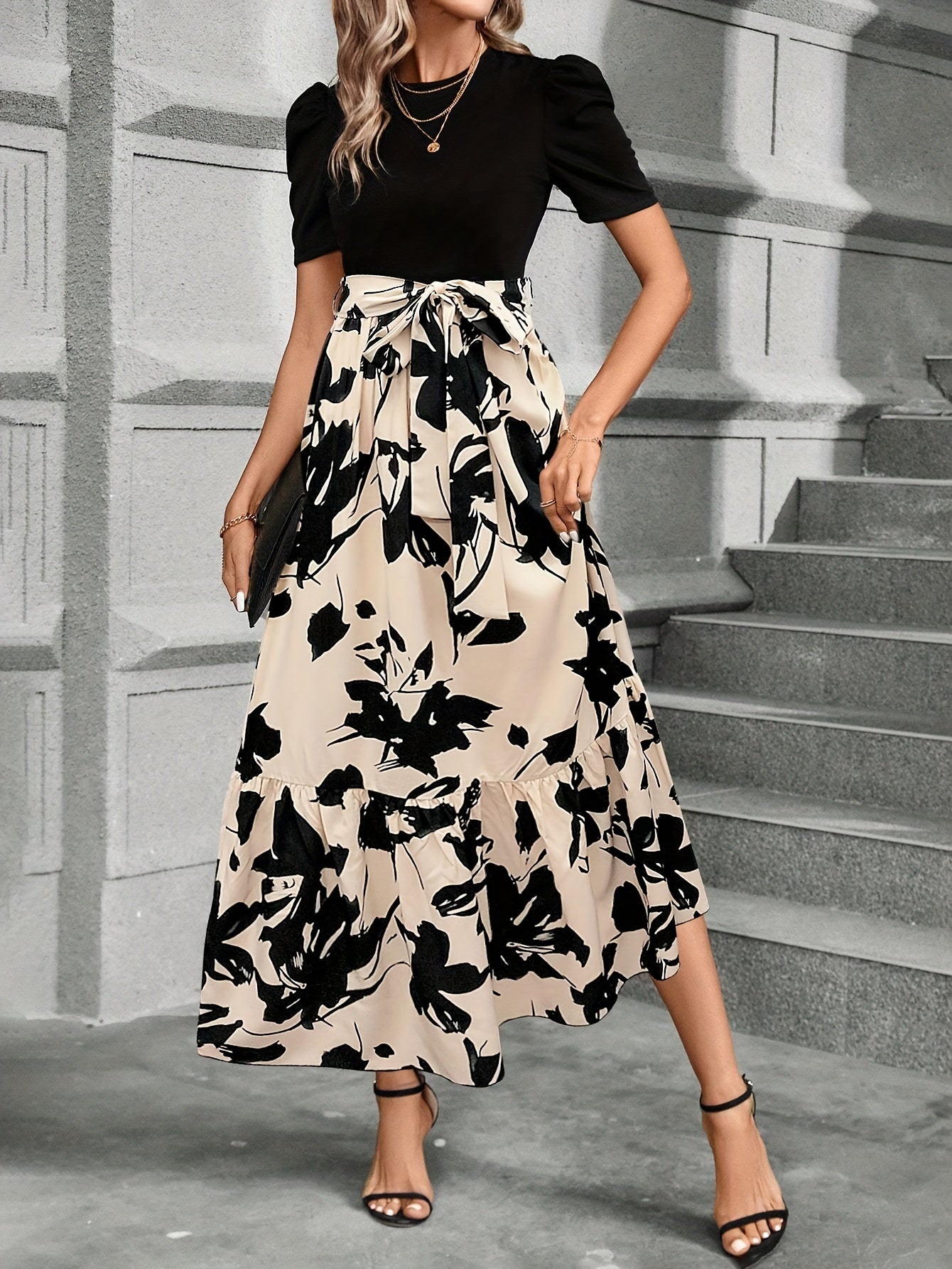 AuraDrapes Women's Flowing Floral Maxi Dress with Tie-Waist