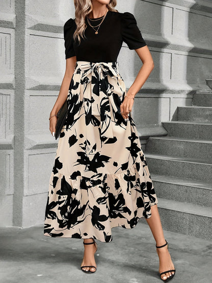 AuraDrapes Women's Flowing Floral Maxi Dress with Tie-Waist