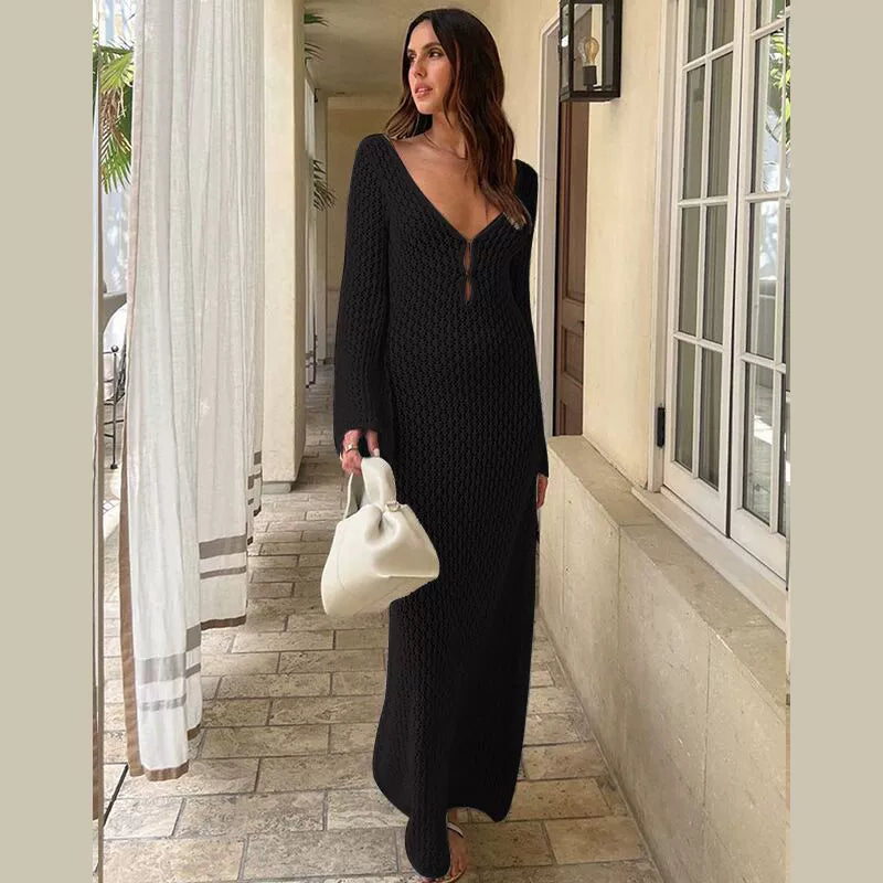 EllaAura Elegant V-Neck Sheer Evening Dress