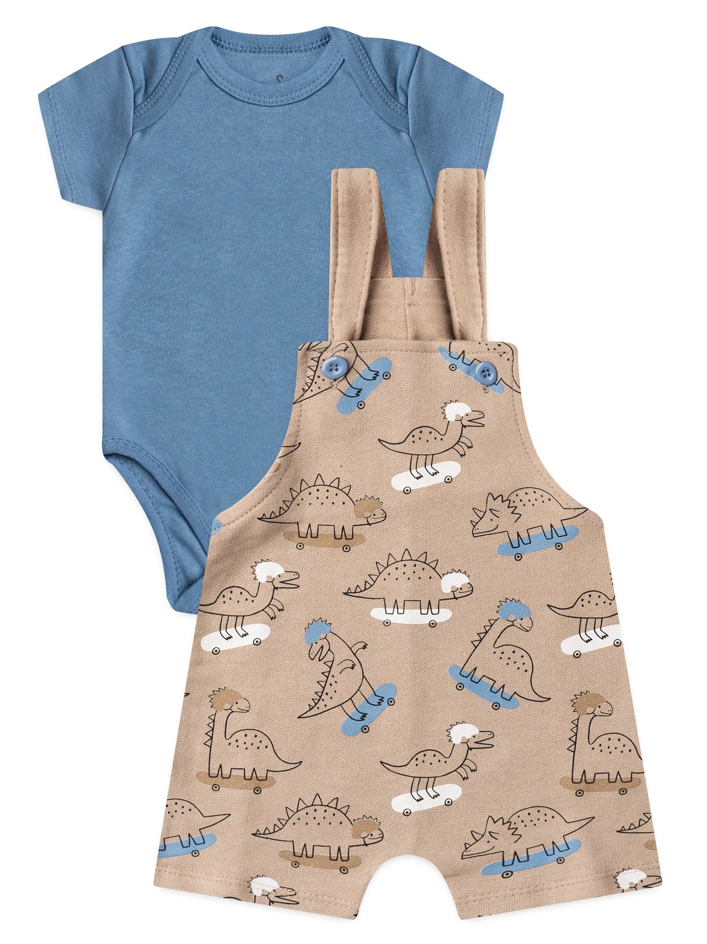 Conjunto Jardineira Bebê Menino Suedine Dino Skateista