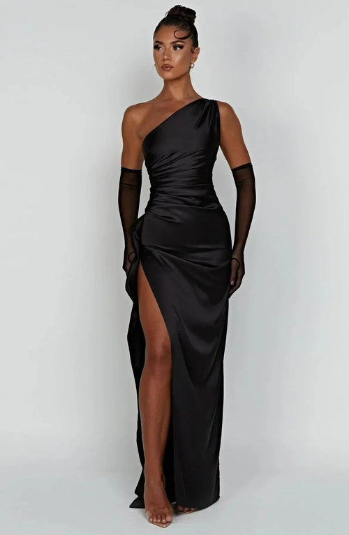 Celia Elegance Women's Satin Maxi Dress with Chic Side Slit