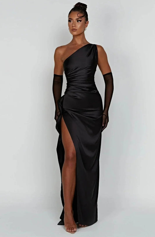 Celia Elegance Women's Satin Maxi Dress with Chic Side Slit