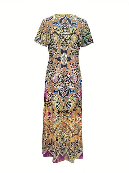 LaraGrace Bohemian Ethnic Maxi Dress for Women – V-Neck with Short Sleeves