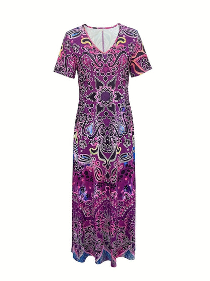 LaraGrace Bohemian Ethnic Maxi Dress for Women – V-Neck with Short Sleeves