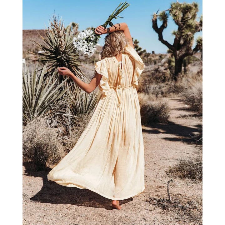 EllaBella Cream Maxi Dress with Romantic Ruffle Accents